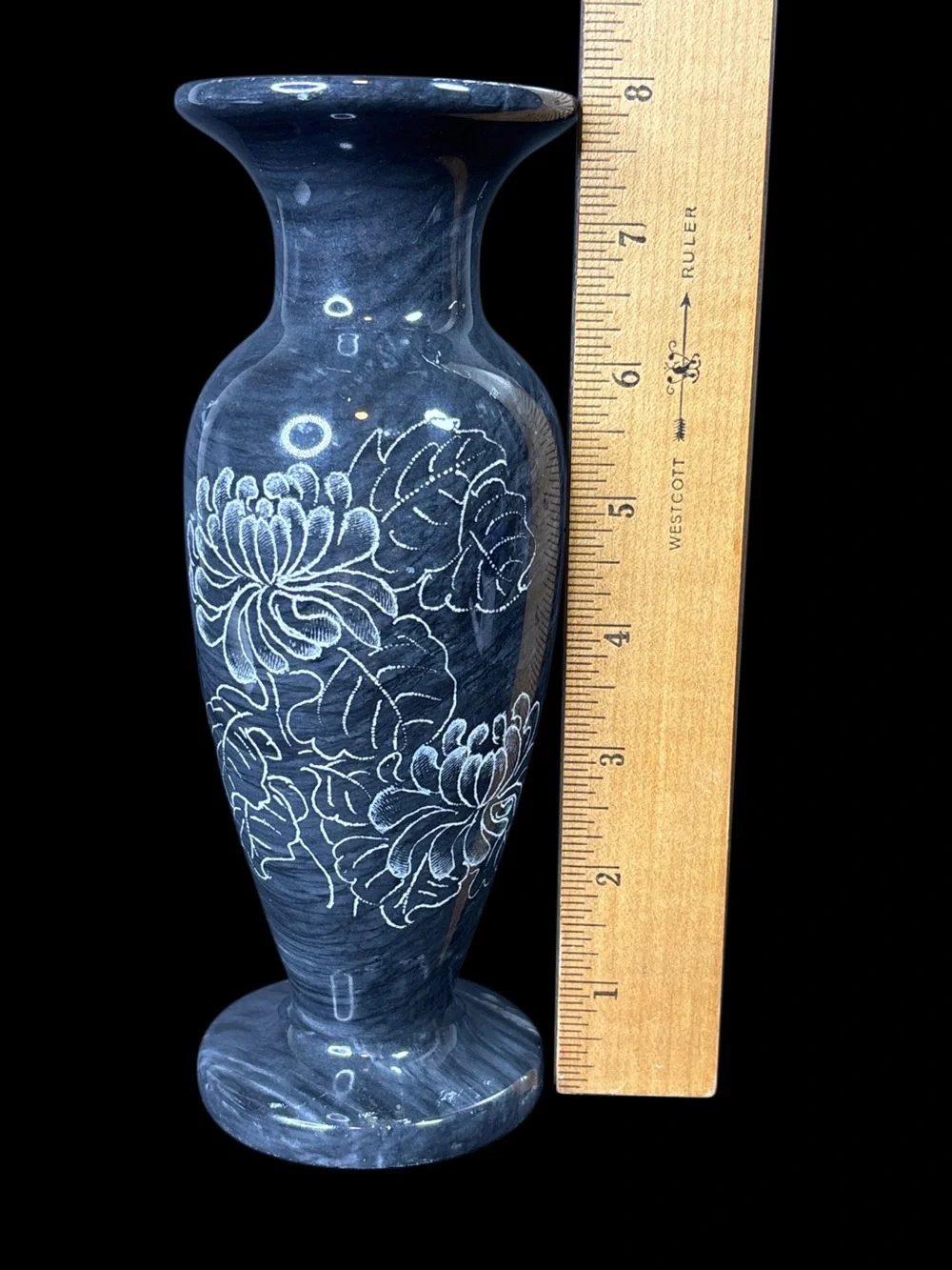 Vintage hand-carved black marble small vase. 8”